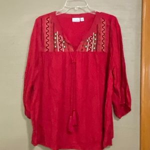 Embroidered placket with Tassle ties V Neck blouse